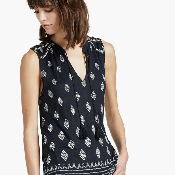 Lucky Brand Blue Tassel Diamond Print Peasant Blouse Large - Picture 1 of 6